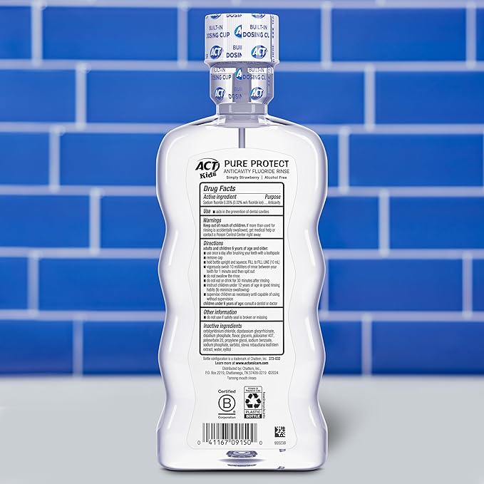 ACT Kids Pure Protect Anticavity Fluoride Rinse, Natural Strawberry Flavor Without Sugar, Free from Dyes & Alcohol, 16.9 fl. oz.