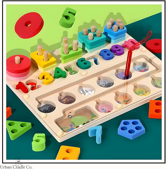 3-in-1 Magnetic Wooden Maze, Montessori Toys, Stacking Building Blocks Shape Sorter Number Board, Color Matching Educational Learning Toys for Kids, Toddler Gift, Toys for Boys Girls 3 4 5 Years Old
