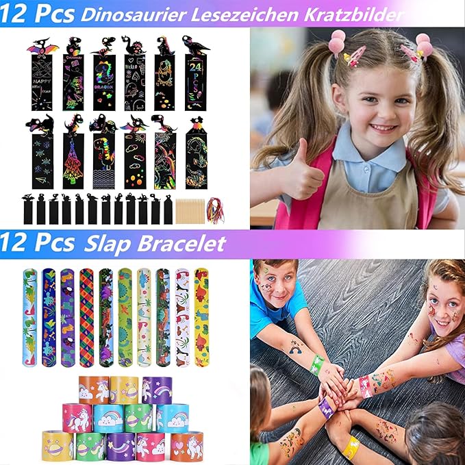 96Pcs Slime Party Favors for Kids,Unicorn Party Favors Birthday Gift with Hands Sticky,Scratch Bookmark,Dinosaur Slap Bracelets,Mini Slinky,Paper Treat Bags for Boys Girls Fun Fidget Toys