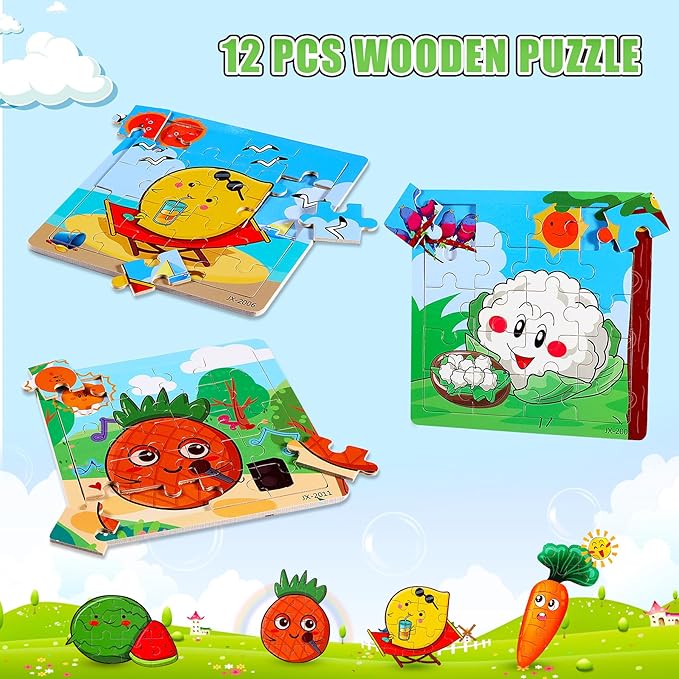 SANNIX 12 Pack Wooden Jigsaw Puzzles for Toddlers 3 4 5 Years Old, Party Favors Animals Jigsaw for Kids, Transportation Educational Puzzles Travel Toy with 12 Organize Bags