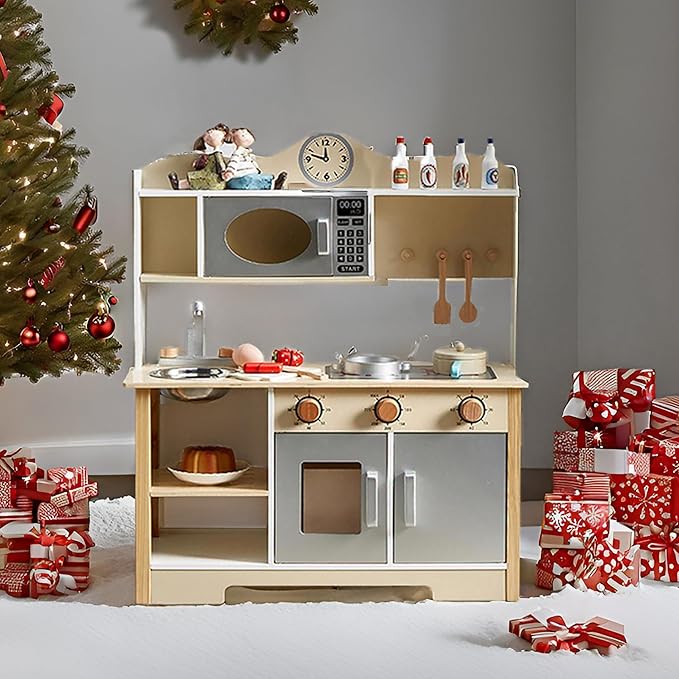 Kids Play Kitchen, Wooden Kitchen Playset for Kids with 12 Pcs Toy Food & Cookware Accessories, Toys Kitchen Small Pretend Play Kitchen for Toddlers