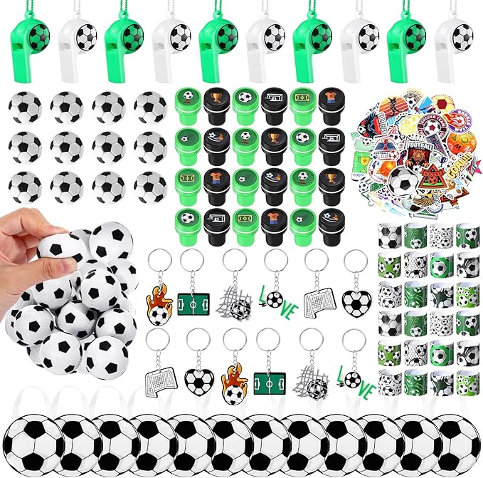 Aoriher 158 Pcs Soccer Party Favors Set Bulk Sport Non Woven Gift Bags Slap Bracelets Mini Bouncy Balls Toy Whistle Keychains Sticker Stampers for Sport Party Supplies(Soccer)