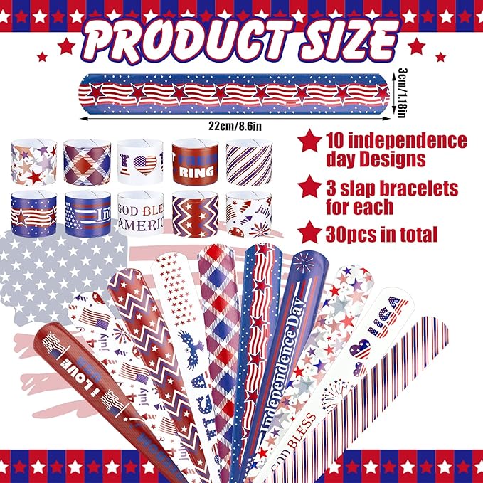 60 Pcs 4th of July Slap Bracelets and Silicone Wristband for Kids American Patriotic Party Favors Supplies Independence Day Decorations Accessories Red White Blue