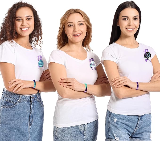 60 Pcs Suicide Prevention Awareness Accessories Bulk Include 30 World Suicide Prevention Day Hope Faith Bracelets and 30 Teal Purple Ribbon Semicolon Round Badges for Suicide Awareness and Prevention