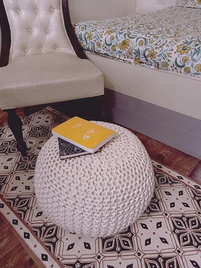 Round Pouf Ottoman Hand Knitted 100% Cotton Pouf Foot Stool - Knitted Bean Bag - Floor Chair for Bedroom - Foot Rest for Couch (20" Dia x 14" HT) (Off White)