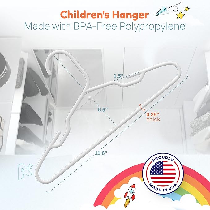 60pk Made in USA Baby Hangers | Kids Hangers for Children's Clothes, Toddler Outfits and Clothing | 20 50 100 Pack Available | Kid Plastic Hanger for Closet and Nursery | Child Kid Hangars (Pink)