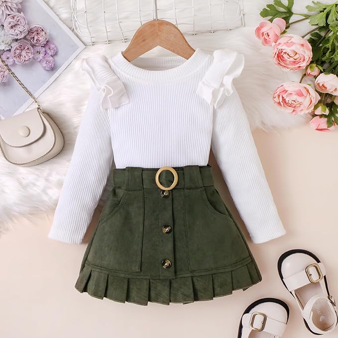 Fernvia Toddler Baby Girl Fall Winter Skirt Set Turtleneck Ribbed Long Sleeve T-Shirt Top & Plaid Skirts Dress 2Pcs Outfits