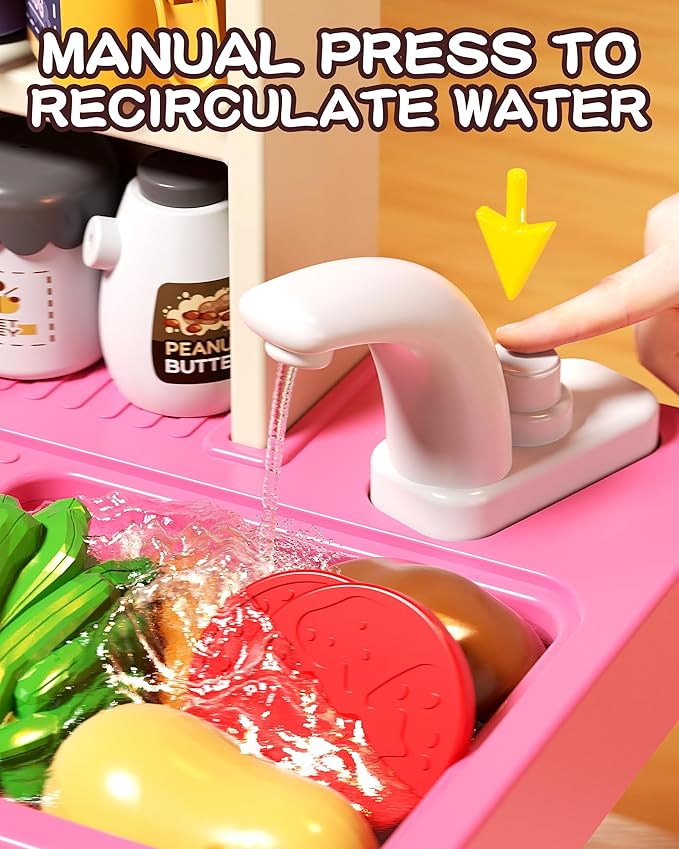 33.8IN - 70PCS Kids Kitchen Playset with Sound & Light - Cooking Stove with Steam, Play Sink and Toy Kitchen Accessories - Pretend Kitchen Play Food Toys for Kids Boys Girls - Toddler Play Kitchen Set