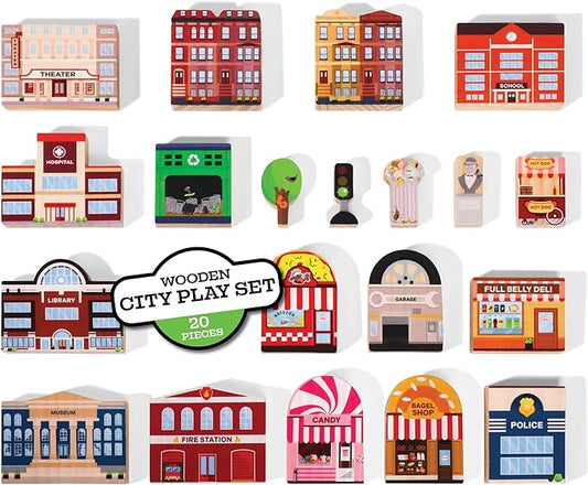 20 Pc Wooden City Play Set - Wooden Town Buildings and Street Signs for Play Mats, Toy Cars and Trains - Educational Preschool Track Accessories - Community Helpers Stacking Blocks Learning Toddler