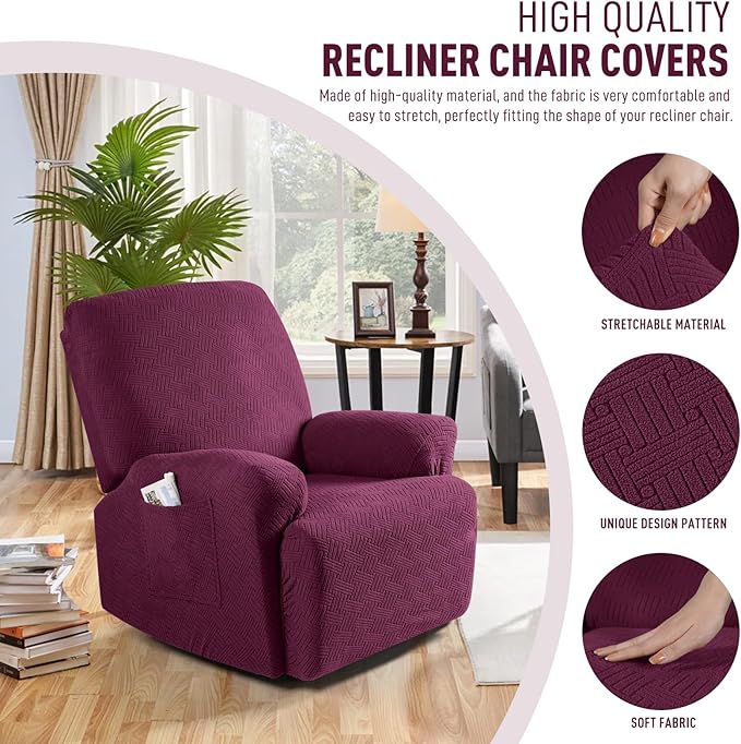 KinCam Recliner Covers, Stretch Reclining Chair Covers, Recliner Sofa Slipcovers Stripe Jacquard Recliner Couch Covers Furniture Protector Covers for Pet Kid (1 Seater, Burgundy)