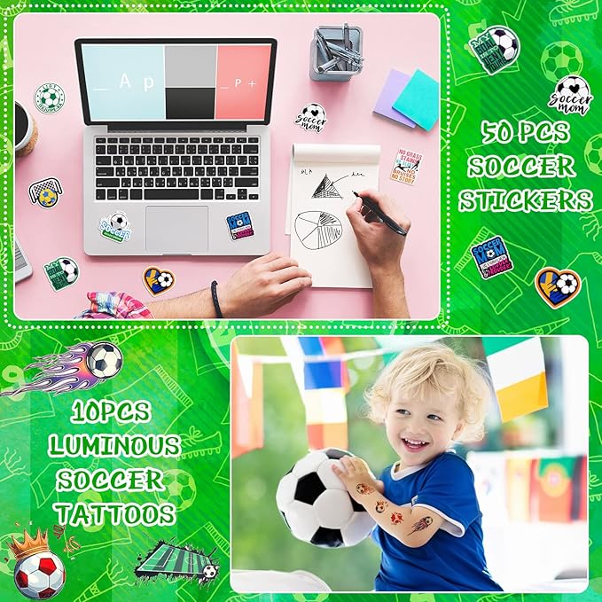 140 Pcs Soccer Party Favors Set Soccer Sticker Slap Bracelet Keychain Soccer Tattoos Soccer Fidget Toy Whistle Soccer Treat Bags with Sealing Stickers for Teens Adults Soccer Themed Party Supplies