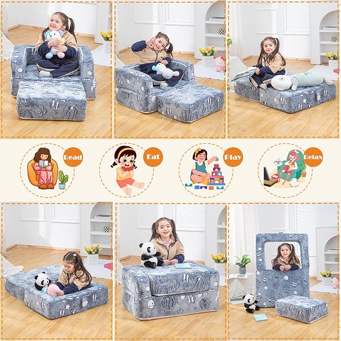 Kids Nugget Play Couch 3-in-1 Modular Toddler Couch Baby Couch Foam Armchair for Boys & Girls Children Convertible Sectional Sofa to Lounger Fold Out Kids Furniture, Grow in The Dark Universe