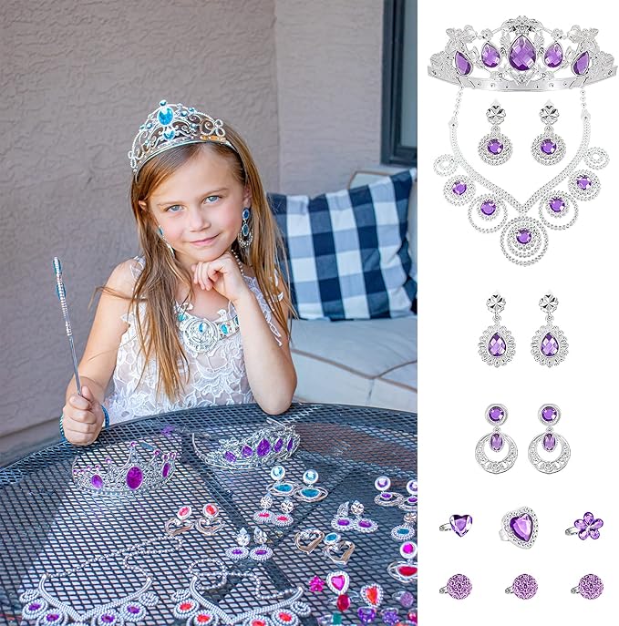 56 Pack Princess Jewelry for Girls Princess Dress Up Accessories Kids Play Jewelry for Girls Included Crown Wand Necklace Bracelet Rings Earrings Great as Princess Party Decoration