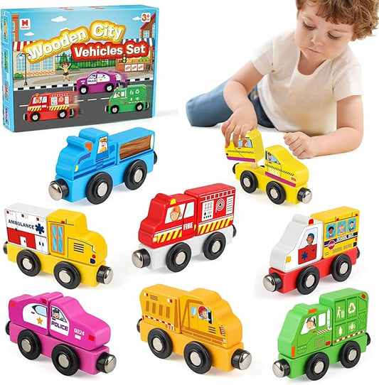 8-Piece Magnetic Wooden Train Set, Customizable City-Themed Vehicles for Kids 3+, Montessori Fine Motor Skills Educational Toy, Build Connect Explore with Endless Combinations