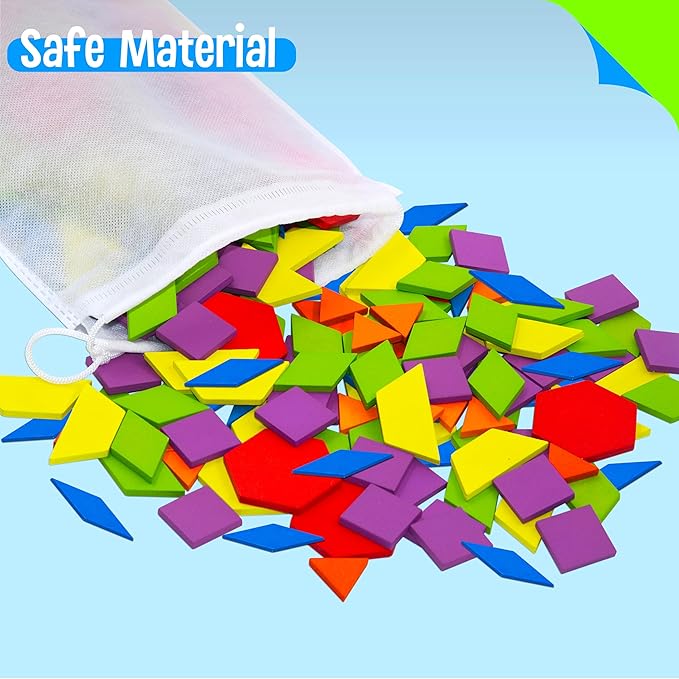 155 PCS Wooden Pattern Blocks Set, 24 Double-Sided Design Cards(48 Patterns) Geometric Shape Puzzle Fun Tangram Montessori Learning Toys for Kids Ages 4-8 (A Storage Bag & A Gift Box)