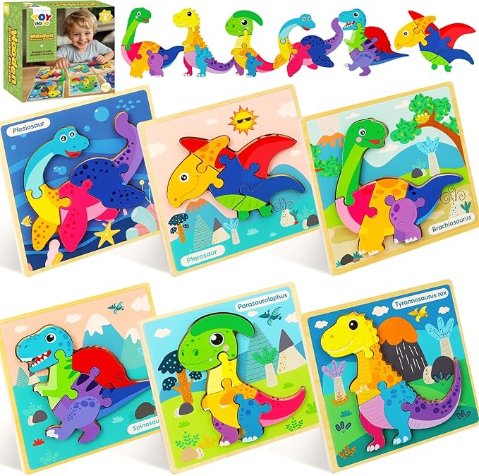 TOY Life Wooden Puzzles for Toddlers 2-4, 6 Pack Dinosaurs Puzzles for Kids Toddler 1-3, Montessori Toys for 1 2 3 Year Old, Educational Toys for Boys Girls Age 2 3 4 5, Baby Learning Toy Gifts
