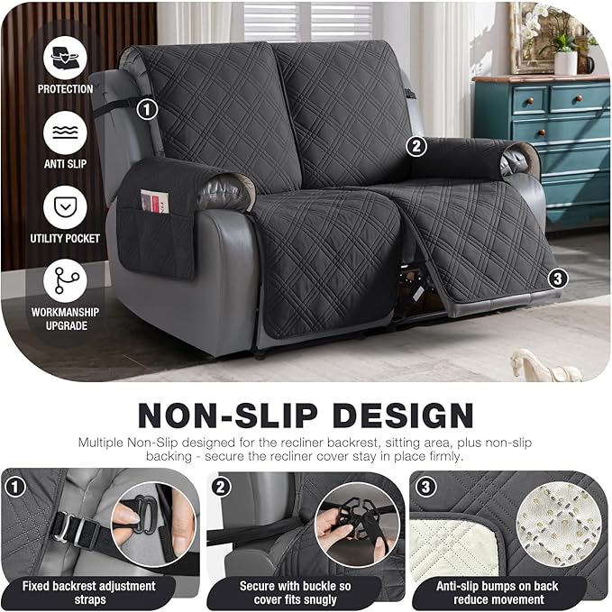 TAOCOCO 100% Waterproof Loveseat Recliner Cover, Non Slip Split Recliner Couch Cover with Elastic Straps, Washable Reclining Sofa Cover Furniture Protector for Kids, Pets(2 Seater, Charcoal Gray)