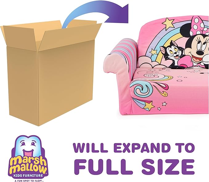 MARSHMALLOW Furniture, Minnie Mouse 3-in-1 Slumber Sofa Baby Lounger, Convertible Kids Couch, Sofa Bed & Foam Toddler Nap Mat with Attached Blanket