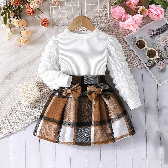 Fernvia Toddler Baby Girl Fall Winter Skirt Set Turtleneck Ribbed Long Sleeve T-Shirt Top & Plaid Skirts Dress 2Pcs Outfits