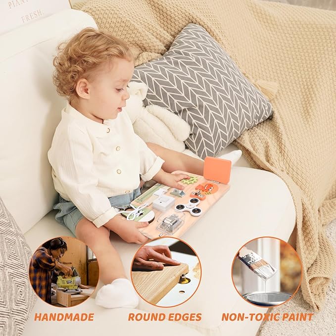 Montessori Toys for Tooddlers- Busy Board for 1 2 3 4 years - Educational Fidget Toys for Baby - Wooden Sensory Toys Autistic Children - Preschool Activities - Fine Motor Skills – Travel Toy