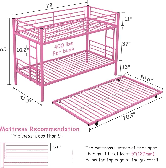 VECELO Twin Over Twin Bunk Bed with Trundle, Convertible Metal Bunkbeds with 2 Ladders and Guardrails, Space Saving, No Box Spring, Pink
