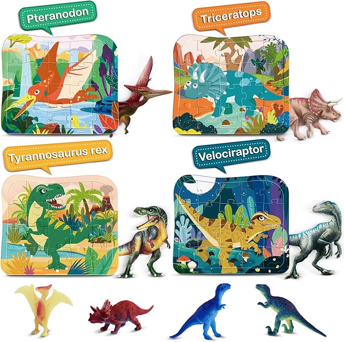 Wooden Dinosaur Puzzles for Kids Ages 4-6, 4 in 1 Gift Box 4-Pack 20-Piece Jigsaw Puzzles Come with 4 Small Dino Figures,Preschool Educational Toys Gifts for Kids Boys Girls Ages 3+