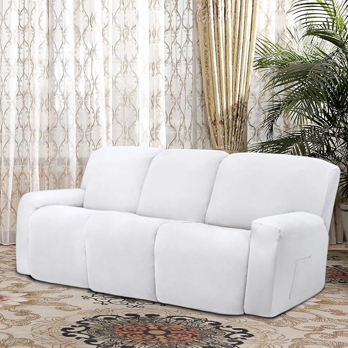 Easy-Going 8 Pieces Microfiber Stretch Sectional Recliner Sofa Slipcover Soft Fitted Fleece 3 Seats Couch Cover Washable Furniture Protector with Elasticity for Kids Pet(Recliner Sofa, Snow White)