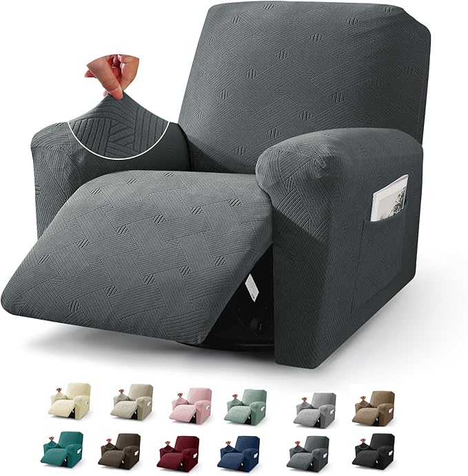 JIVINER Recliner Chair Covers 3 Pieces Lazy Boy Covers for Recliner with Pockets, Washable Reclining Slip Cover Stay in Place Stretch Sofa Furniture Protector for Kids, Pets (Recliner, Dark Gray)