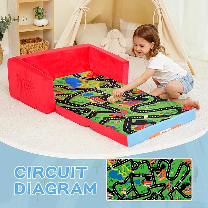 MallBest Kids Sofas, Extra Wide Toddler Couch Bed - 2 in 1 Baby Convertible Foam Chair to Lounger,Toddler Couch for Boys and Girls,Red/Fire Truck