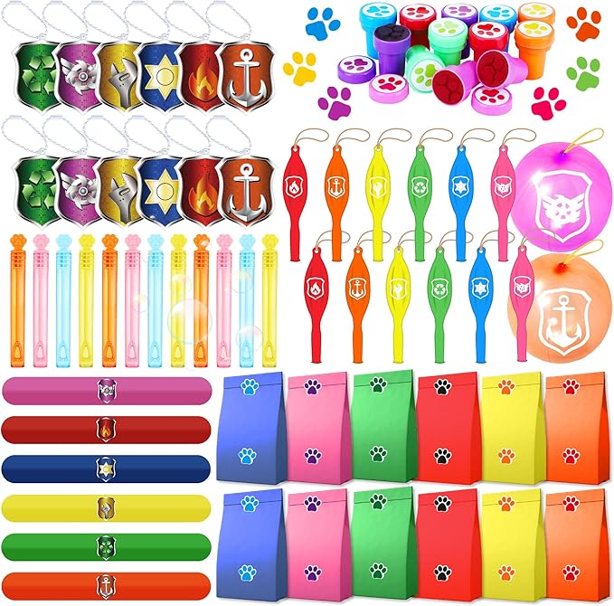 75PCS Dog Paw Party Favors Dog Paw Print Party Supplies Puppy Patrol Theme Pack Include Slap Bracelets、Paw Print Bubble Wands、Paw Stampers 、Punch Balloons、DIY Acrylic Keychain、Sticker、Goodie Bags