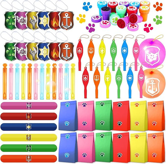 75PCS Dog Paw Party Favors Dog Paw Print Party Supplies Puppy Patrol Theme Pack Include Slap Bracelets、Paw Print Bubble Wands、Paw Stampers 、Punch Balloons、DIY Acrylic Keychain、Sticker、Goodie Bags