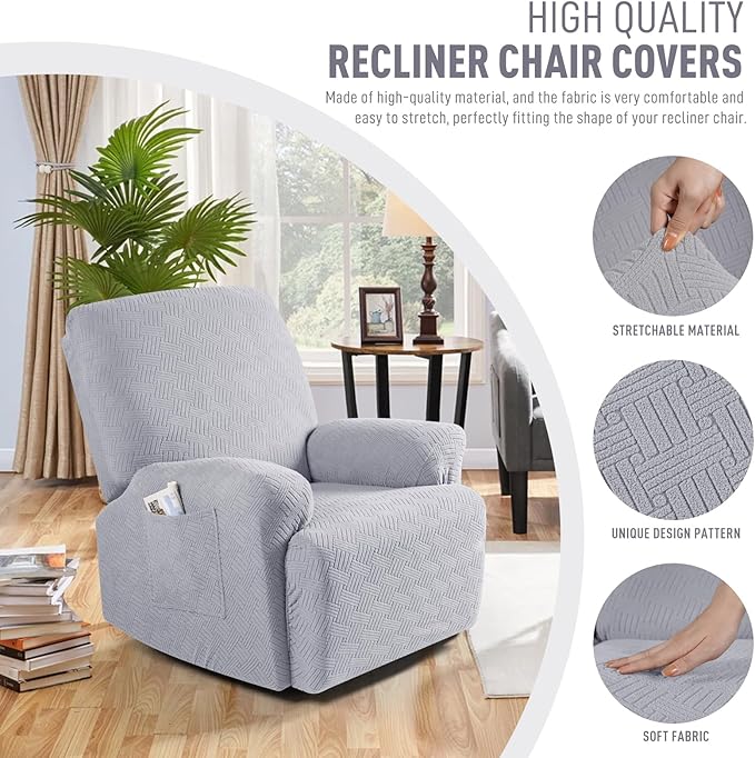 KinCam Recliner Covers, Stretch Reclining Chair Covers, Recliner Sofa Slipcovers Stripe Jacquard Recliner Couch Covers Furniture Protector Covers for Pet Kid (1 Seater, Misty Gray)