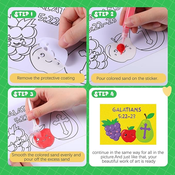 30 Sets Fruit of The Spirit Sand Art Kits for Kids DIY Sunday School Craft Sand Painting Cards Set for Children DIY Arts Religious Fruit of The Spirit Theme Classroom Home Party Supplies