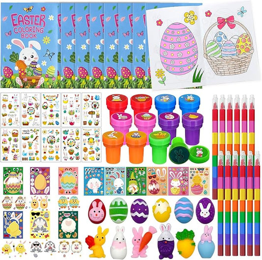 72 Pcs Easter Party Favors Easter Egg Bunny Rabbit School Exchange Gifts Coloring Books Stacking Crayons Tattoo Puzzle DIY Sticker Stampers Class Reward Prizes for Spring Easter Party Supplies