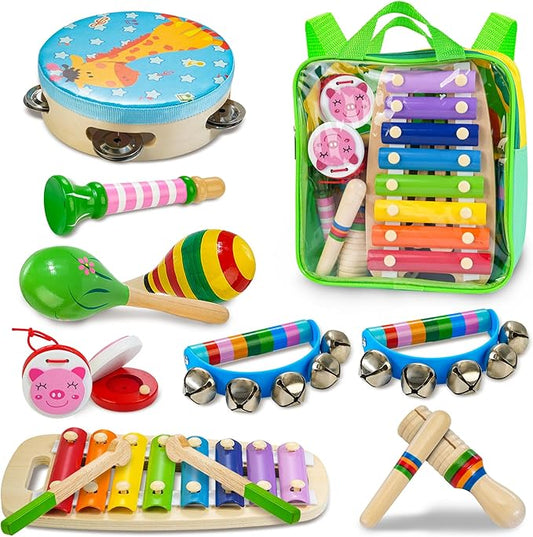 Kids Musical Instruments, Wooden Musical Toys Set for Toddlers with Xylophone Maracas Tambourine, Educational Montessori Toys for 3 4 5 Years Old Girls Boys
