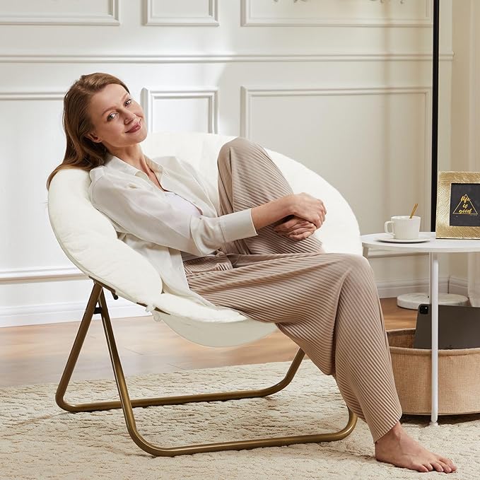 Sweetcrispy Cozy Saucer Chairs Faux Fur Living Room Reading Lounge Furniture Folding Comfy with Soft Thick Padded Seat Metal Frame Modern Style for Bedroom Home Adults, X-Large - White