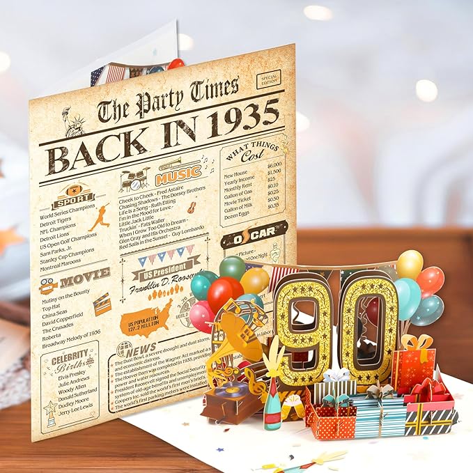 90th Birthday Card for Men Women, Funny 3D Pop Up 90th Birthday Gifts for Grandma Mom Dad, Back In 1935 Happy 90 Year Old Birthday Decorations Cards for Her Him, Classy Vintage