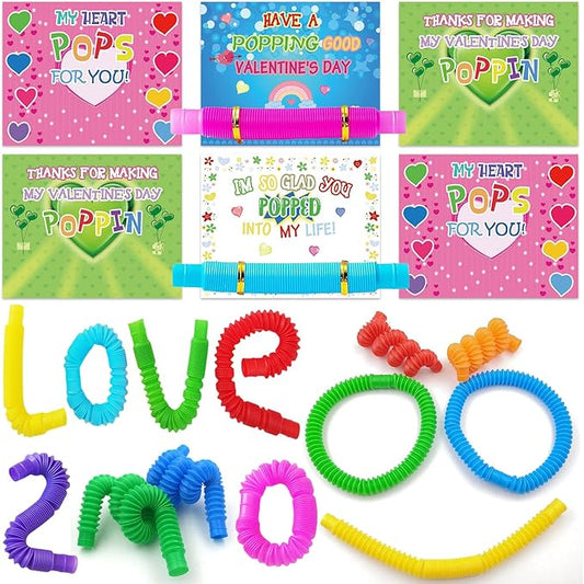 32 Pack Valentines Day Gifts for Kids, Valentines Day Cards for Kids with Pop Tubes, Stress Relief Fidget Toys for Valentine Classroom School Exchange Prizes Party Favors Supplies