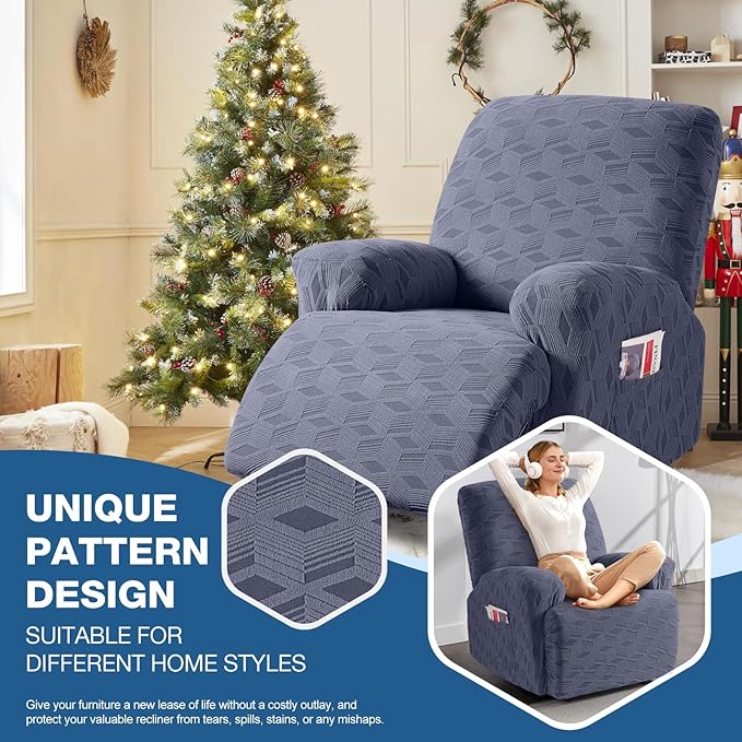 TAOCOCO Recliner Cover 3 Pieces Recliner Chair Covers, Stretch Jacquard Reclining Chair Cover, Furniture Protector Sofa Slipcovers Couch Covers with Elastic Bottom for Kids, Pets (Grey)