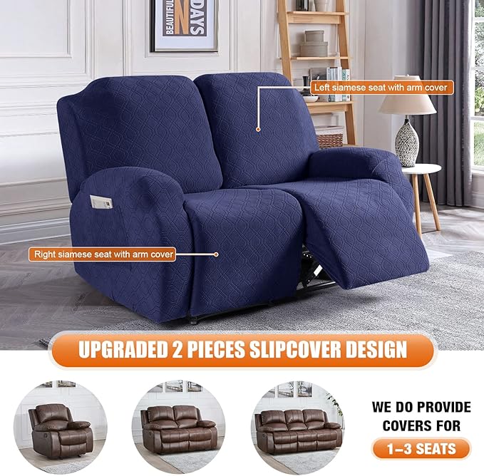 VANSOFY Recliner Cover, 2-Pieces Stretch Reclining Couch Cover with Pockets Loveseat Sofa Slipcovers Soft Washable Furniture Protector for Dogs(Navy Blue)