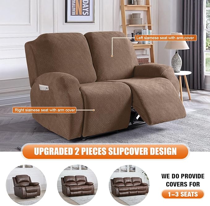 VANSOFY Recliner Cover, 2-Pieces Stretch Reclining Couch Cover with Pockets Loveseat Sofa Slipcovers Soft Washable Furniture Protector for Dogs Cats(Light Coffee)