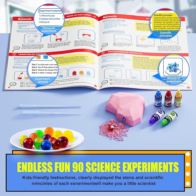 90 Lab Experiments Science Kit for Kids, STEM Activities Educational Scientist Toys Gifts for Age 6-12 Year Old Boys Girls, Chemistry and Physics Set Toys, Volcano Eruption