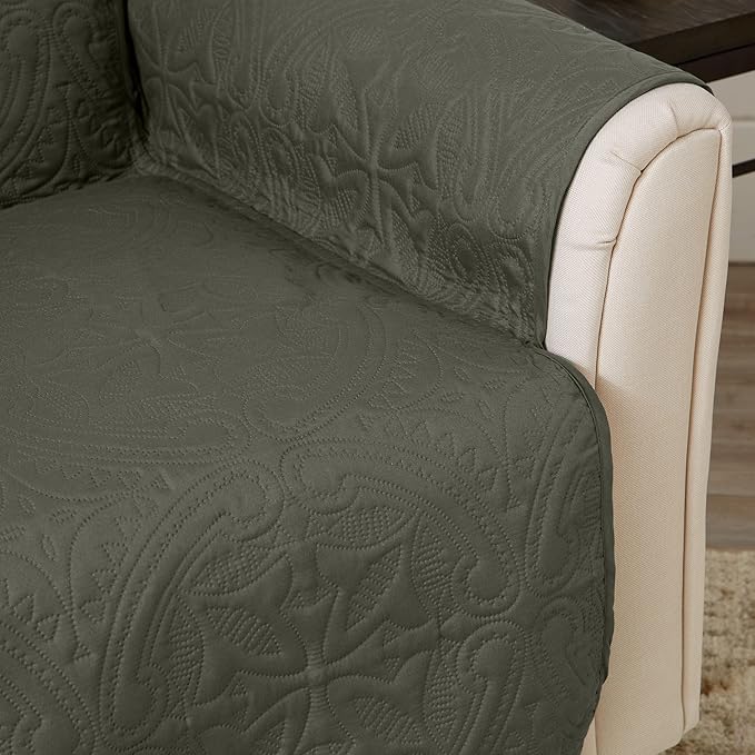 Great Bay Home Medallion Stitched Solid Furniture Protector Stain Resistant Durable Furniture Protector Elenor Collection (Sofa, Sage Green/Light Gray)