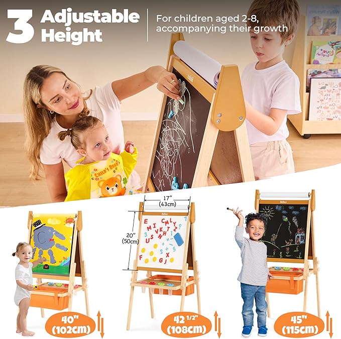 All-in-One Art Easel for Kids with 2 Paper Rolls & Deluxe Accessories, Adjustable Magnetic Double Sided Whiteboard & Chalkboard, Painting Kid Easel for Toddlers 2-8, Ideal Christmas Gift