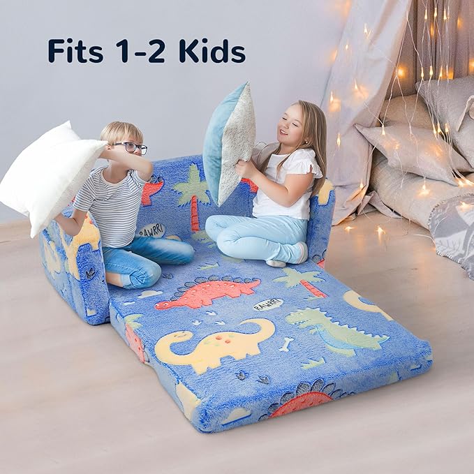 Elevon 2 in 1 Wider Toddler Couch, Flip Open Soft Sofa Bed, Glow in The Dark Flannel Baby Couch, 2-Seat Kids Chair Convertible Couch Easy Fold & Unfold, Baby Recliner Sofa for Girls and Boys