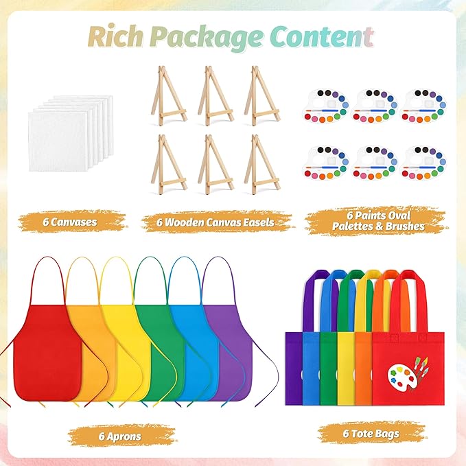 Aodaer 24 Pieces Valentine's Day Gift Mini Watercolor Paint Set Include 6 Set Colors Watercolor Paints Oval Palette Wooden Canvas Easels Canvas Tote Bags Aprons for Art Beginner Painting Supplies