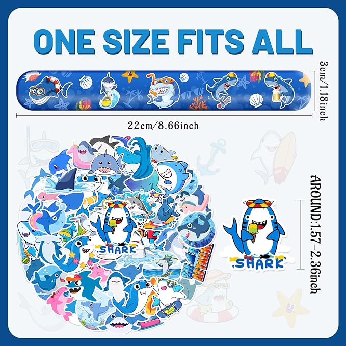 74 PCS Shark Party Favors 24 Shark Slap Bracelets, 50 Shark Stickers Shark Birthday Party Decorations, Supplies, and Gifts for Kids, Classroom Rewards