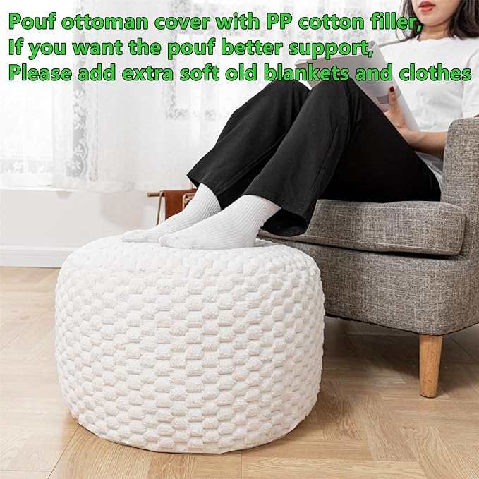 Round Stuffed Pouf Ottoman 20x20x12 Inches Faux Fur Ottoman Foot Rest Under Desk Foot Stool Great for Living Room, Bedroom Small Furniture (Ivory Pouf with Filler)
