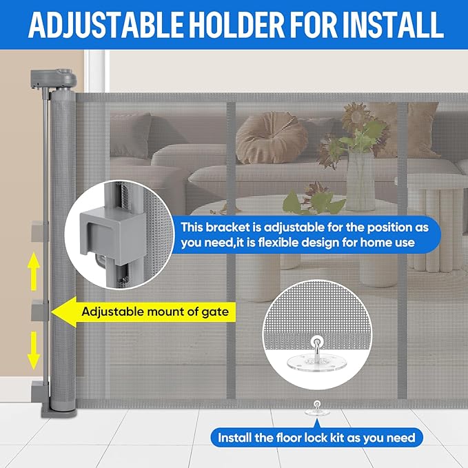 34X120” Extra Wide Safety Retractable Baby Gate, Extra Wide Safety Kids or Pets Gate, 34” Tall, Extends to 120” Extra Wide, Built-in Reinforce Strip Mesh Safety Dog Gate for Stairs,Doorways, Hallways