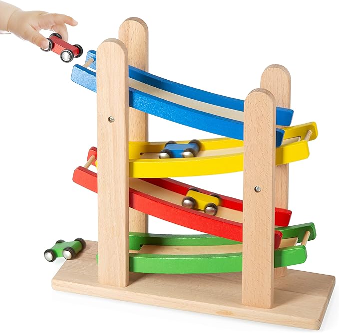 Play22 Wooden Car Ramps Race - 4 Level Toy Car Ramp Race Track Includes 4 Wooden Toy Cars - My First Baby Toys - Toddler Race Car Ramp Toy Set is A Great Gift for Boys and Girls - Original by Play22